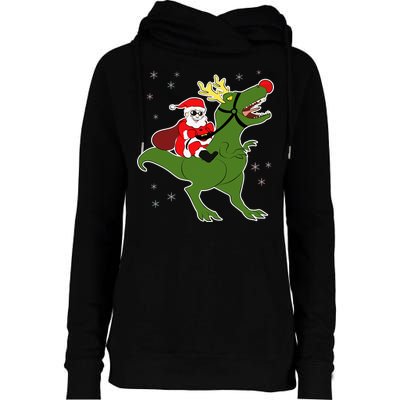 Santa Riding T-Rex Womens Funnel Neck Pullover Hood