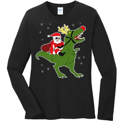 Santa Riding T-Rex Ladies Long Sleeve Shirt