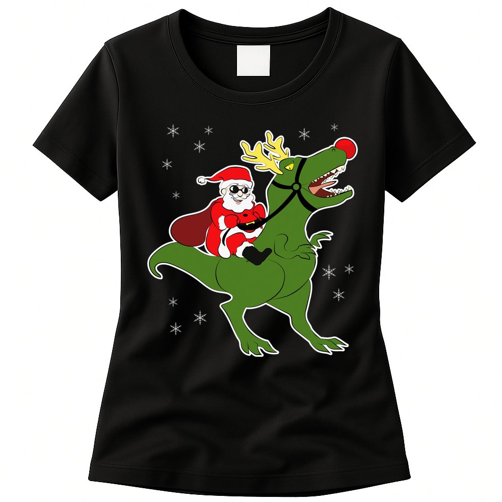 Santa Riding T-Rex Womens T-Shirt