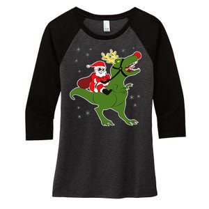 Santa Riding T-Rex Women's Tri-Blend 3/4-Sleeve Raglan Shirt