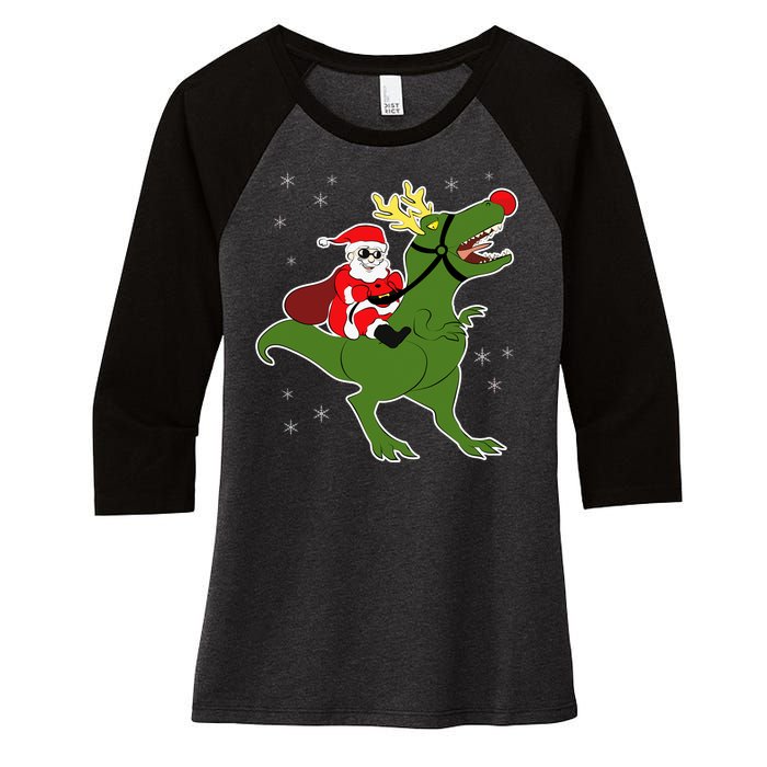 Santa Riding T-Rex Women's Tri-Blend 3/4-Sleeve Raglan Shirt