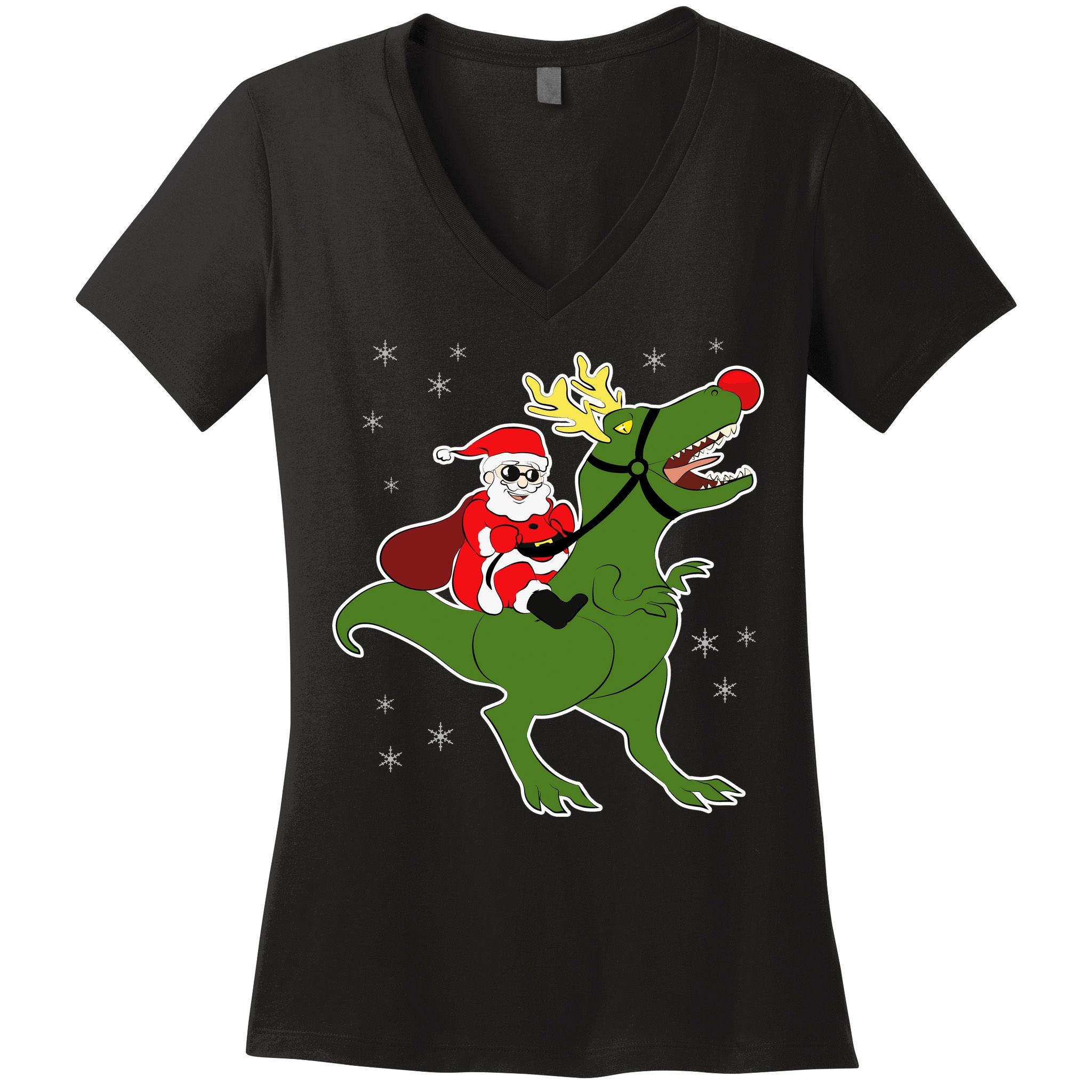 Santa Riding T-Rex Women's V-Neck T-Shirt