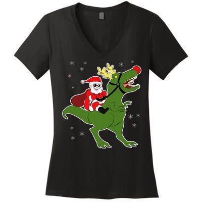 Santa Riding T-Rex Women's V-Neck T-Shirt