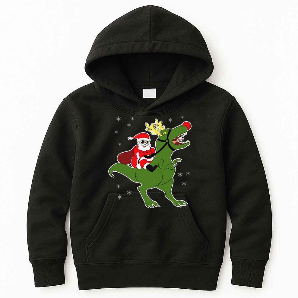 Santa Riding T-Rex Kids Hoodie