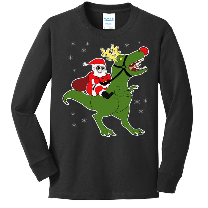 Santa Riding T-Rex Kids Long Sleeve Shirt