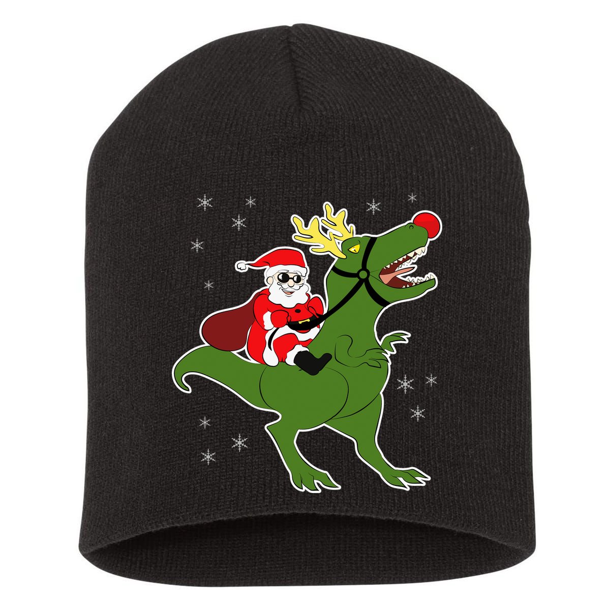 Santa Riding T-Rex Short Acrylic Beanie