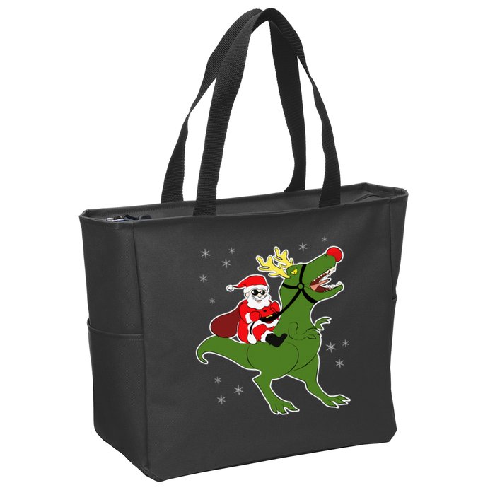 Santa Riding T-Rex Zip Tote Bag
