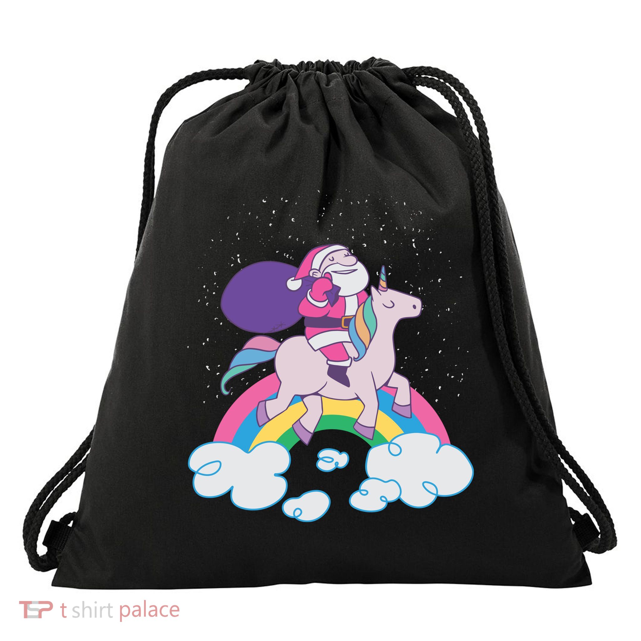 Santa Riding Unicorn Drawstring Bag
