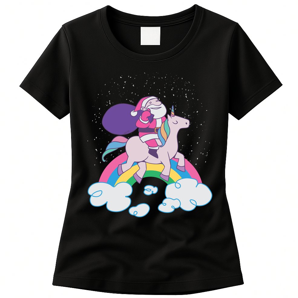 Santa Riding Unicorn Womens T-Shirt