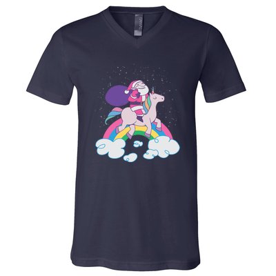 Santa Riding Unicorn V-Neck T-Shirt