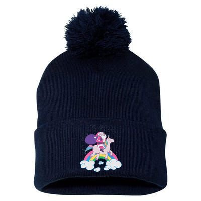 Santa Riding Unicorn Pom Pom 12in Knit Beanie