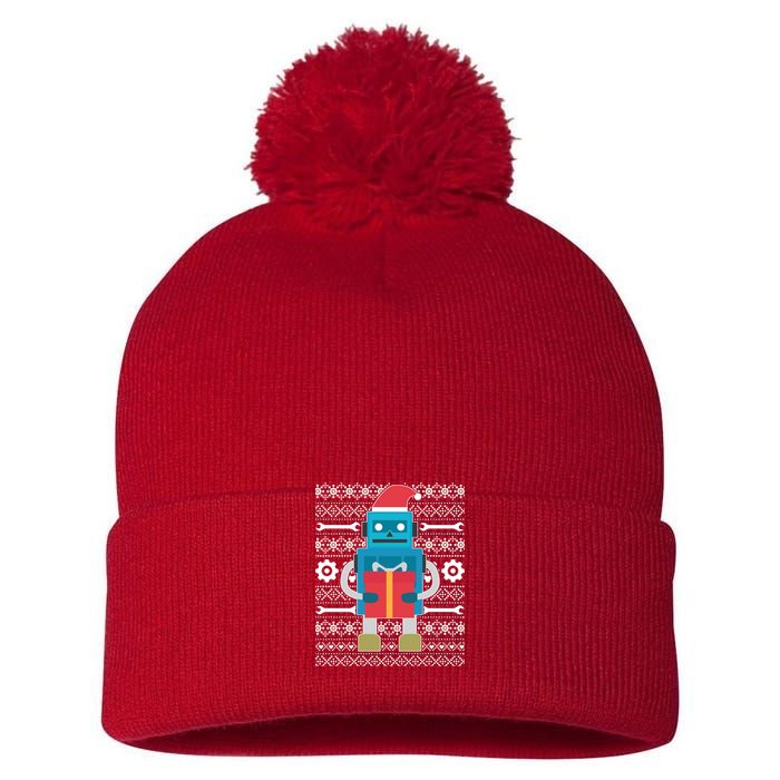 Santa Robot Ugly Christmas Pom Pom 12in Knit Beanie