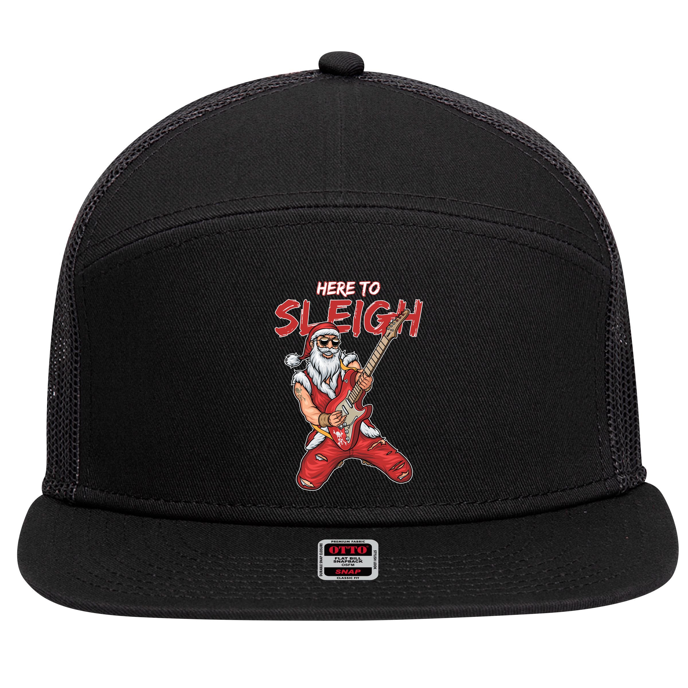 Santa Rocks Here To Sleigh  7 Panel Mesh Trucker Snapback Hat