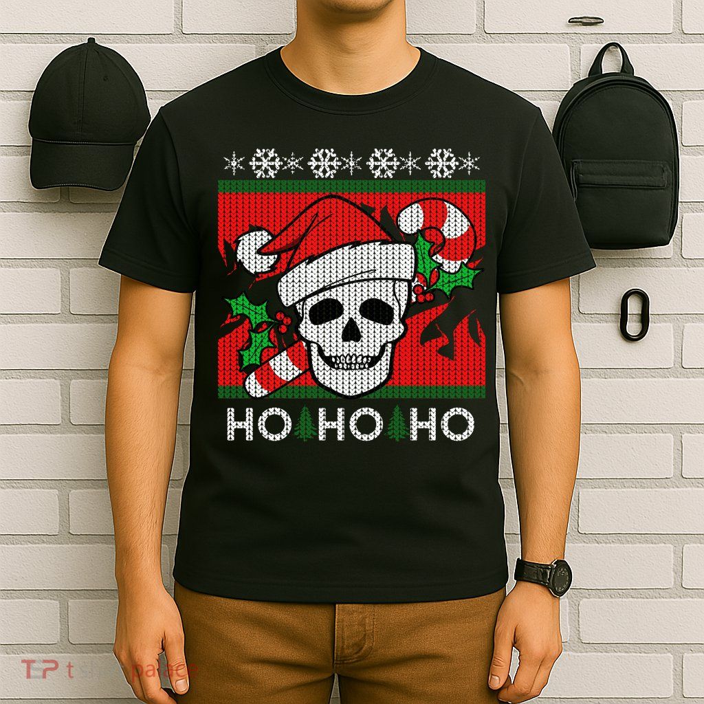 Santa Skull Candy Cane Ugly Christmas Sweater T-Shirt