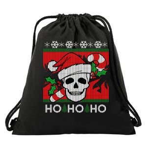 Santa Skull Candy Cane Ugly Christmas Sweater Drawstring Bag