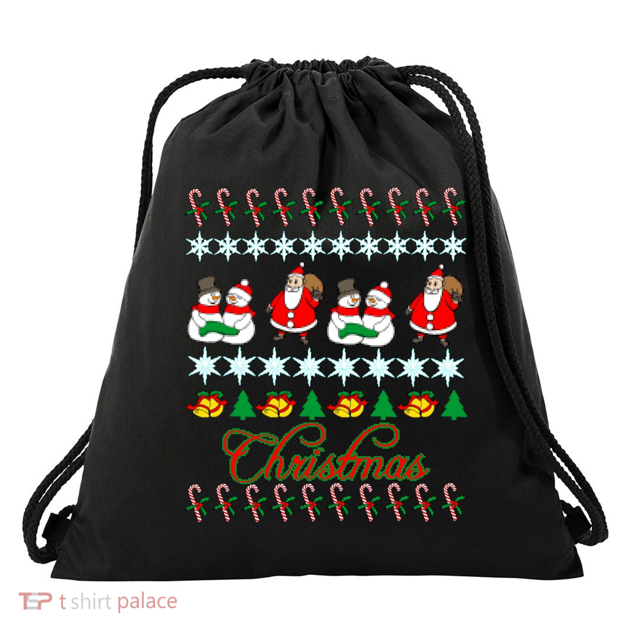 Santa Snowman Ugly Christmas Sweater Drawstring Bag