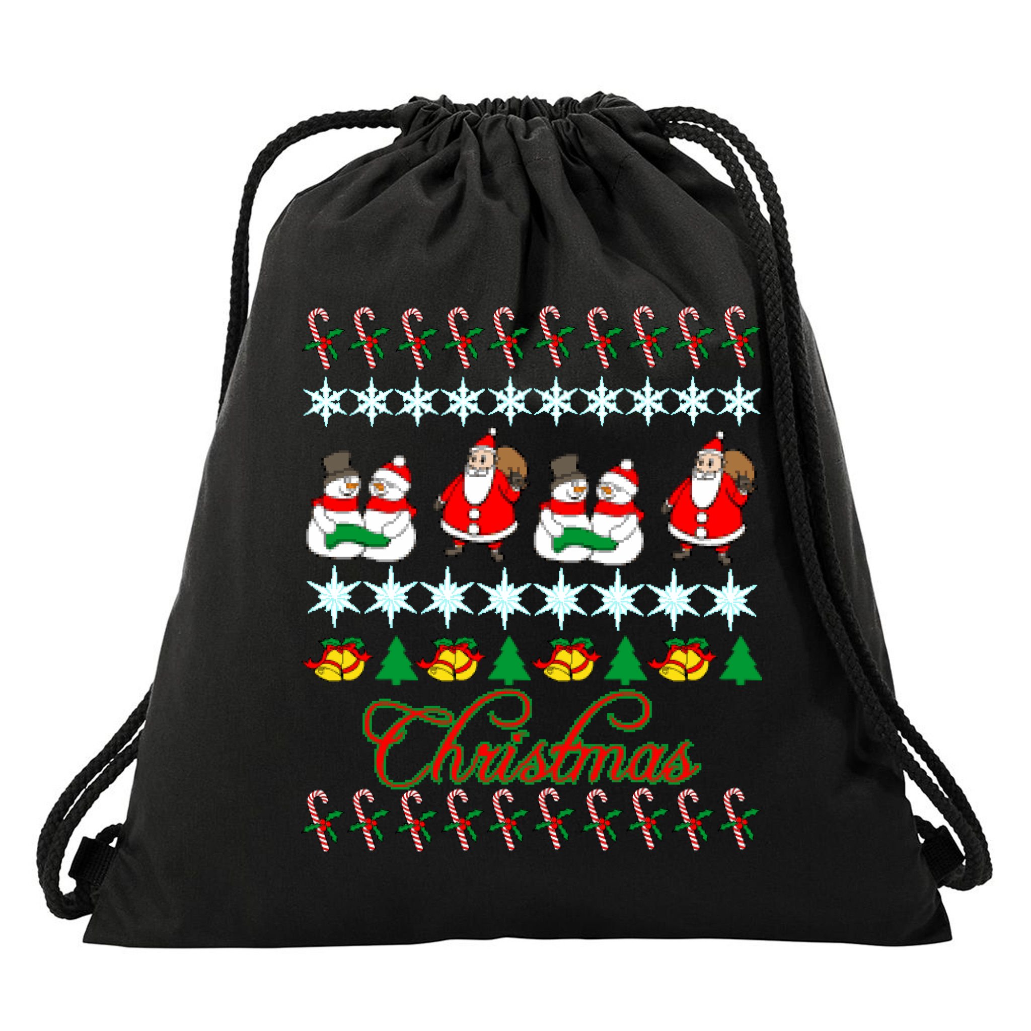 Santa Snowman Ugly Christmas Sweater Drawstring Bag