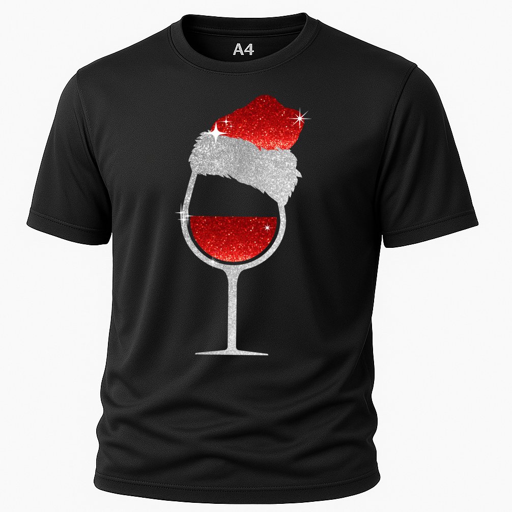 Santa Sparkly Wine Glass Cooling Performance Crew T-Shirt