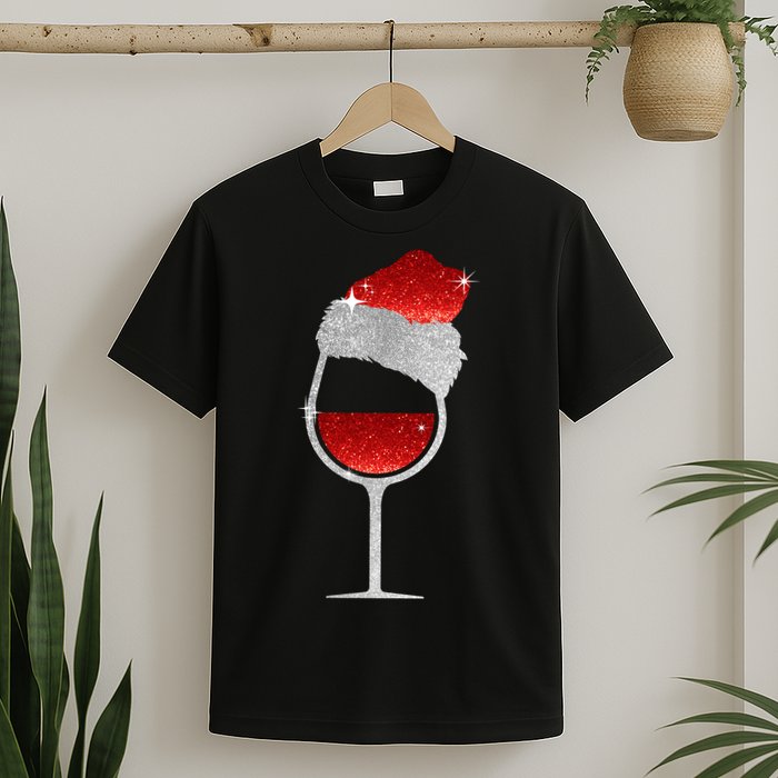 Santa Sparkly Wine Glass T-Shirt