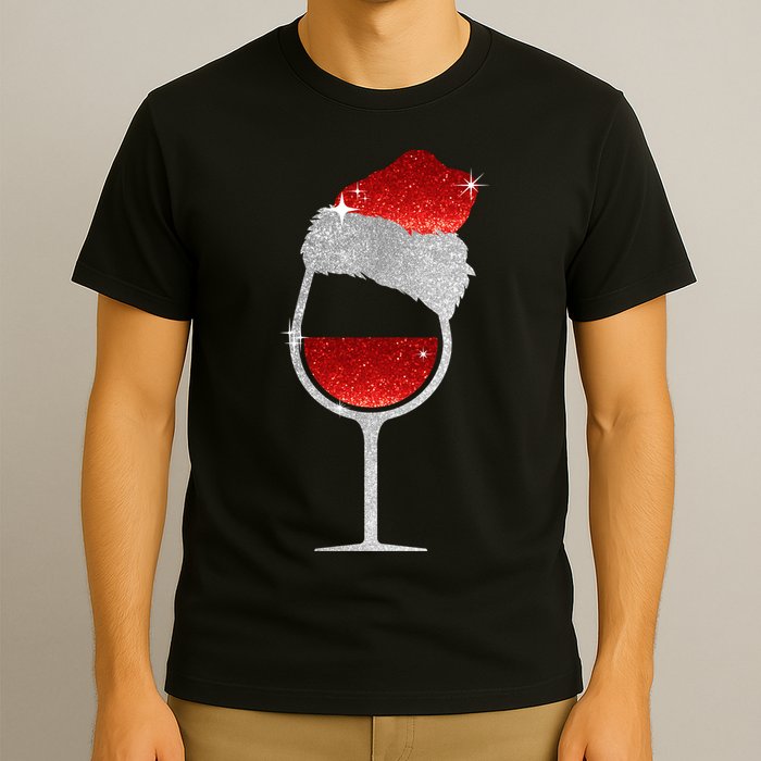 Santa Sparkly Wine Glass T-Shirt