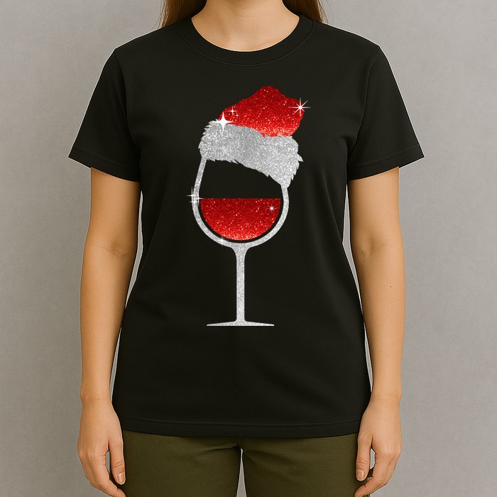 Santa Sparkly Wine Glass T-Shirt
