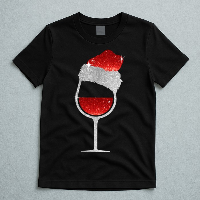 Santa Sparkly Wine Glass T-Shirt