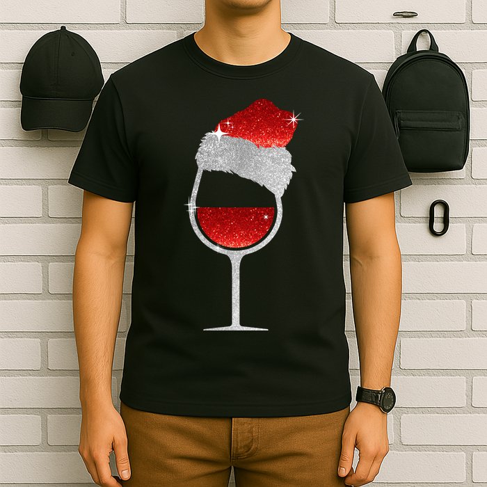 Santa Sparkly Wine Glass T-Shirt