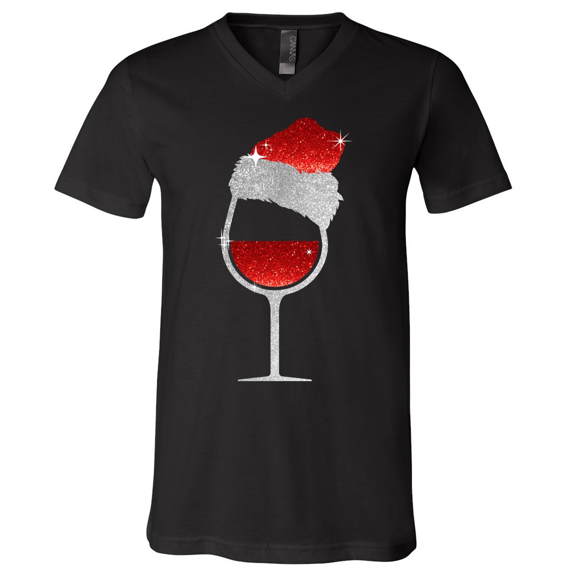 Santa Sparkly Wine Glass V-Neck T-Shirt