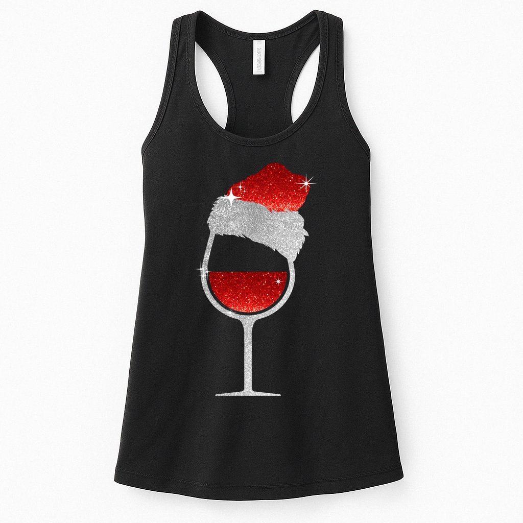Santa Sparkly Wine Glass Womens Tank Top