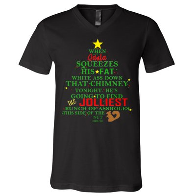 Santa Squeezes Down The Chimney V-Neck T-Shirt