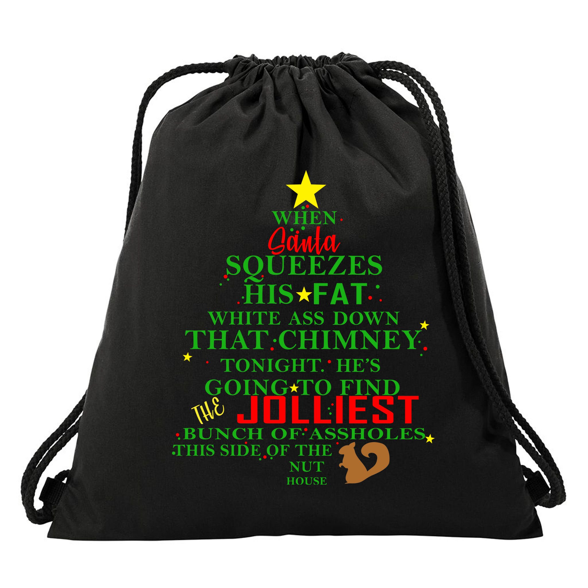 Santa Squeezes Down The Chimney Drawstring Bag