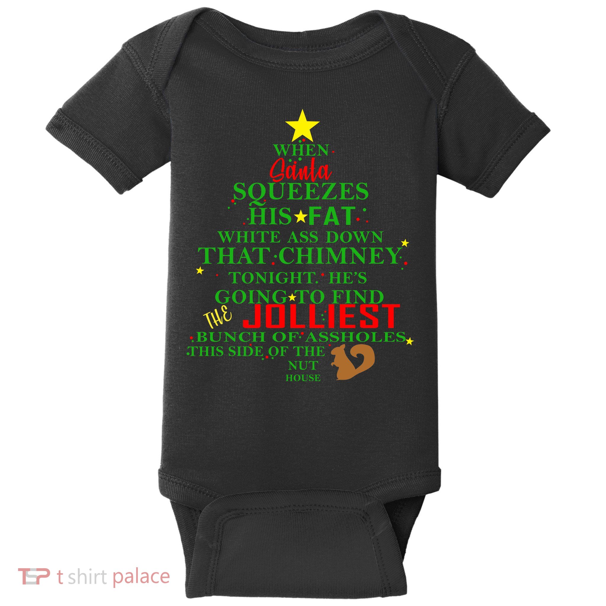 Santa Squeezes Down The Chimney Baby Bodysuit