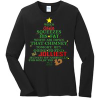 Santa Squeezes Down The Chimney Ladies Long Sleeve Shirt