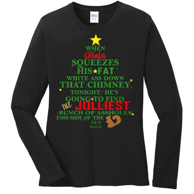 Santa Squeezes Down The Chimney Ladies Long Sleeve Shirt