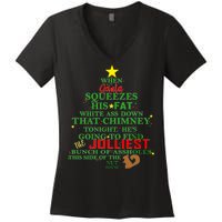 Santa Squeezes Down The Chimney Women's V-Neck T-Shirt