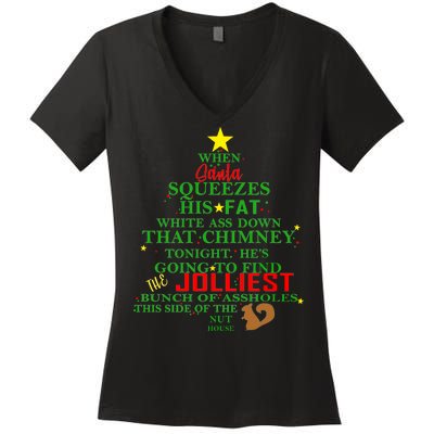 Santa Squeezes Down The Chimney Women's V-Neck T-Shirt