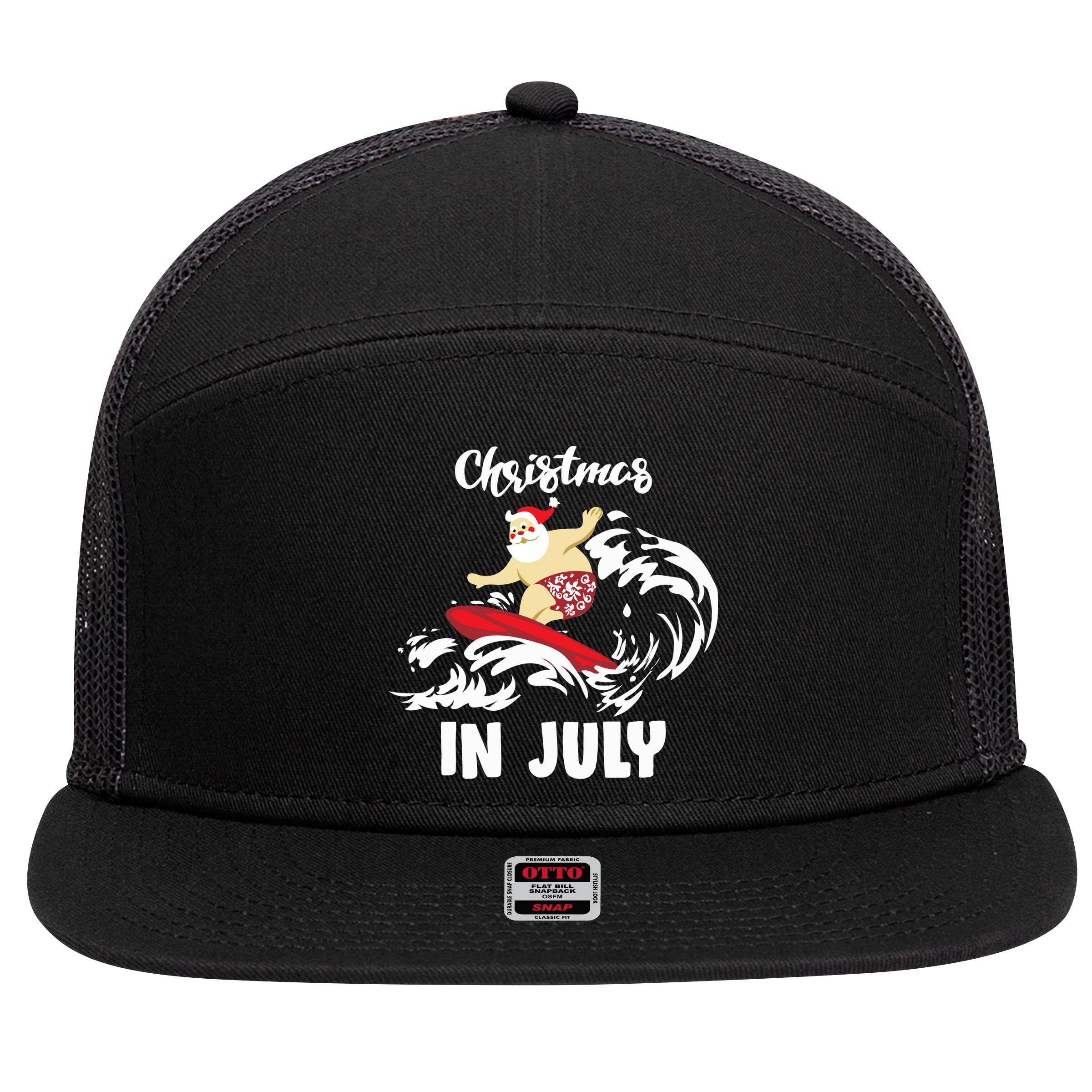 Santa Surfing Christmas In July 7 Panel Mesh Trucker Snapback Hat