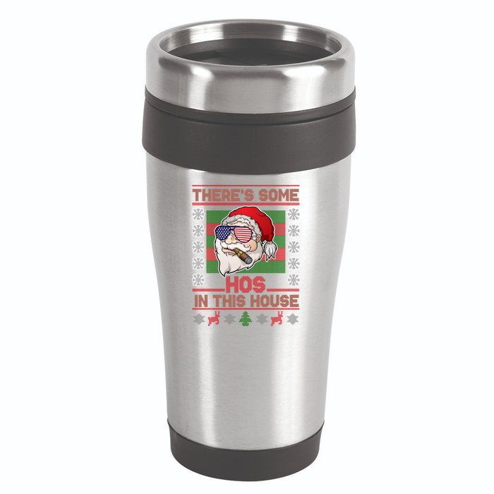 Santa There's Some Hos In This House Flag Ugly Christmas Sweater 16oz Travel Tumbler