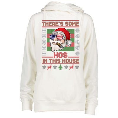 Santa There's Some Hos In This House Flag Ugly Christmas Sweater Womens Funnel Neck Pullover Hood