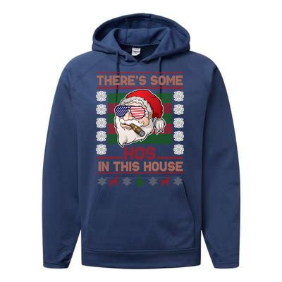 Santa There's Some Hos In This House Flag Ugly Christmas Sweater Performance Fleece Hoodie