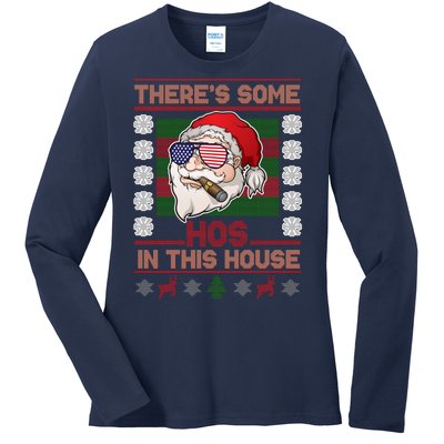 Santa There's Some Hos In This House Flag Ugly Christmas Sweater Ladies Long Sleeve Shirt