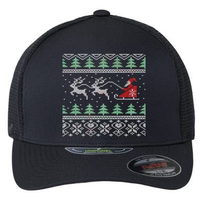 Santa's Retro Sleigh And Reindeer Ugly Christmas Sweater Flexfit Unipanel Trucker Cap