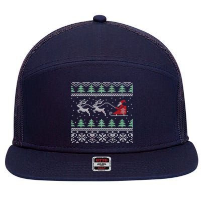 Santa's Retro Sleigh And Reindeer Ugly Christmas Sweater 7 Panel Mesh Trucker Snapback Hat