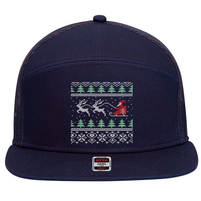 Santa's Retro Sleigh And Reindeer Ugly Christmas Sweater 7 Panel Mesh Trucker Snapback Hat