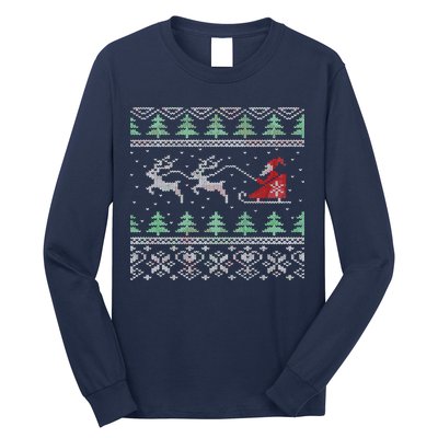 Santa's Retro Sleigh And Reindeer Ugly Christmas Sweater Long Sleeve Shirt