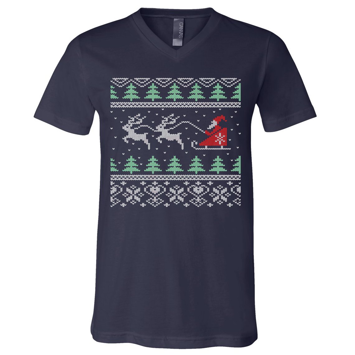Santa's Retro Sleigh And Reindeer Ugly Christmas Sweater V-Neck T-Shirt