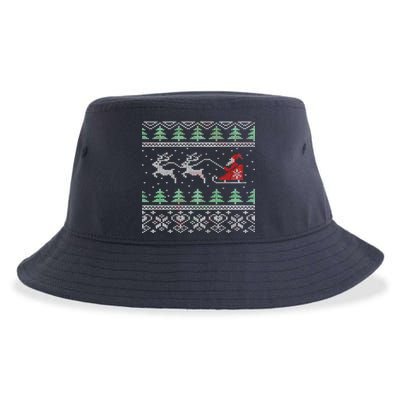 Santa's Retro Sleigh And Reindeer Ugly Christmas Sweater Sustainable Bucket Hat