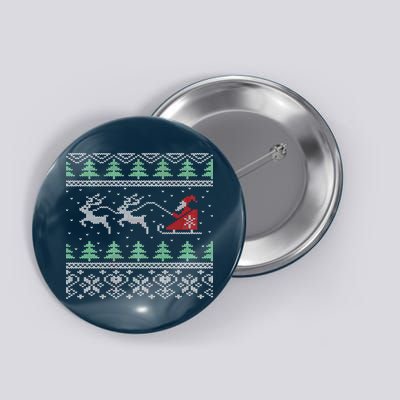 Santa's Retro Sleigh And Reindeer Ugly Christmas Sweater Button