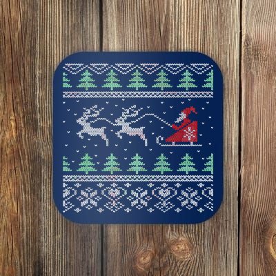 Santa's Retro Sleigh And Reindeer Ugly Christmas Sweater Coaster