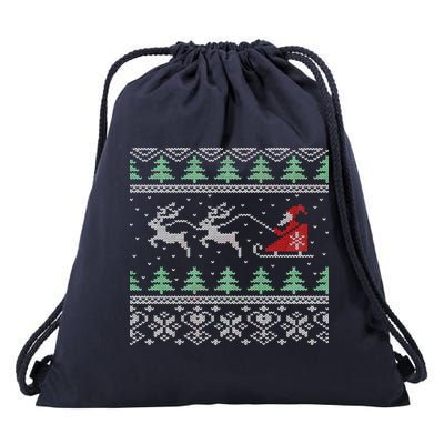Santa's Retro Sleigh And Reindeer Ugly Christmas Sweater Drawstring Bag